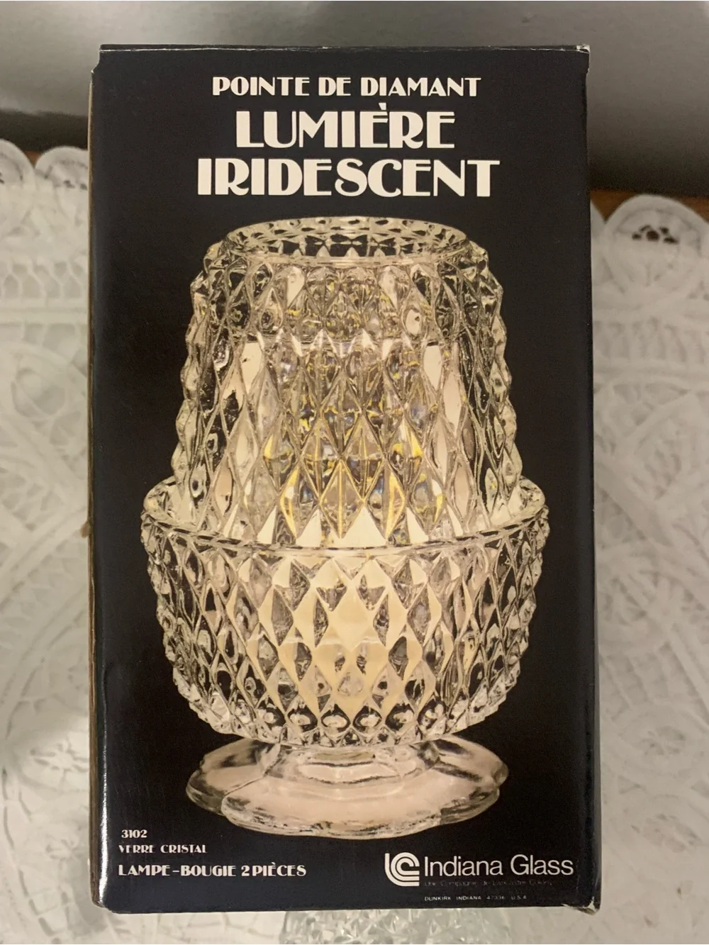 Vintage Indiana Glass Diamond Point Fairy Lamp Clear Base w Original Box